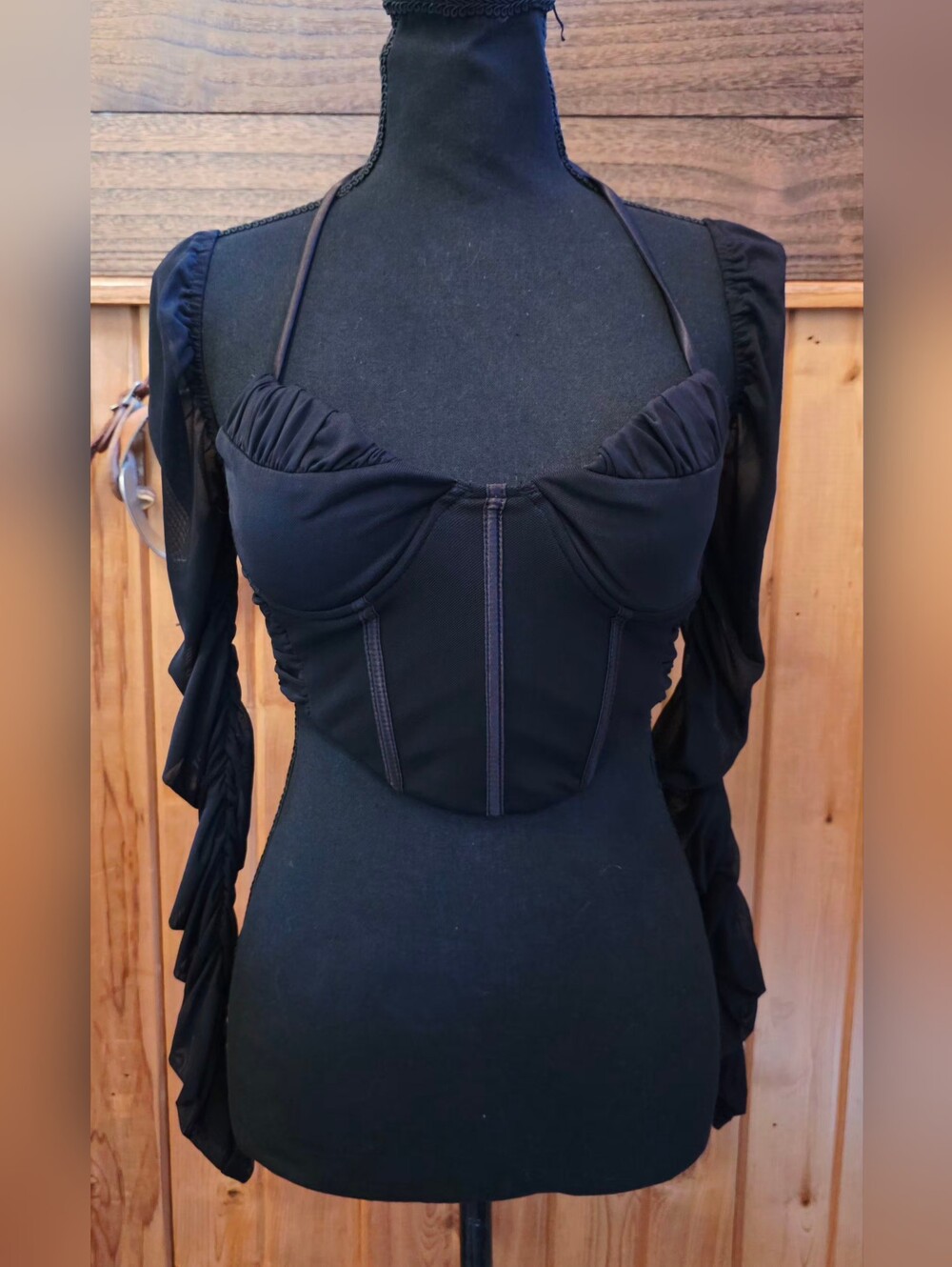 Black Corset Bustier Top Sheer Mesh Long Sleeve Halter Y2K Goth